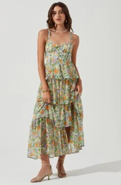 Midsummer Floral Tiered Maxi Dress -Dress Sales Store ACDR101226B GREENORANGEMULTIFLORAL 0707