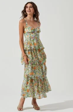 Midsummer Floral Tiered Maxi Dress -Dress Sales Store ACDR101226B GREENORANGEMULTIFLORAL 0719