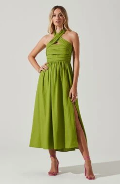 Zaria Pleated Halter Midi Dress 28 Zaria Pleated Halter Midi Dress -Dress Sales Store ACDR101778 AVOCADO 1