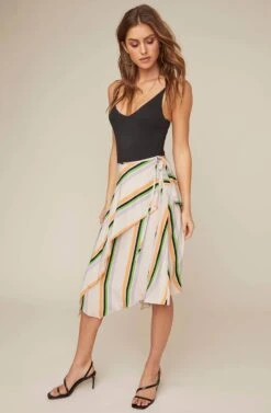 Dallas Striped Asymmetrical Midi Skirt -Dress Sales Store ACS9021 TAUPE TANGERINE STRIPE 2A
