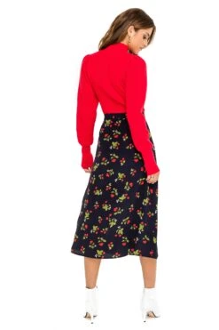Button Side Slit Midi Skirt 9 Button Side Slit Midi Skirt -Dress Sales Store ACS923B NAVY CHERRY PRINT 03