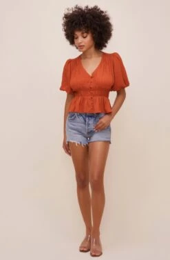 Ora Puff Sleeve Peplum Top 24 Ora Puff Sleeve Peplum Top -Dress Sales Store ACT16611 RUST 1