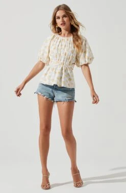 Vendetti Floral Cutout Puff Sleeve Top 11 Vendetti Floral Cutout Puff Sleeve Top -Dress Sales Store ACT16697B WHITEYELLOWFLORAL 0748