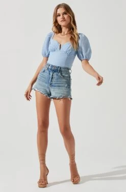 Daydreamer Sweetheart Seersucker Puff Sleeve Top 36 Daydreamer Sweetheart Seersucker Puff Sleeve Top -Dress Sales Store ACT16733B BLUE 1485