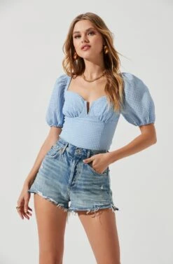 Daydreamer Sweetheart Seersucker Puff Sleeve Top 34 Daydreamer Sweetheart Seersucker Puff Sleeve Top -Dress Sales Store ACT16733B BLUE 1493