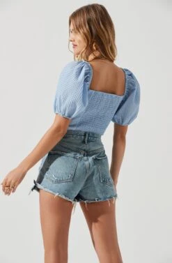 Daydreamer Sweetheart Seersucker Puff Sleeve Top 38 Daydreamer Sweetheart Seersucker Puff Sleeve Top -Dress Sales Store ACT16733B BLUE 1500