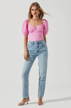 Daydreamer Sweetheart Seersucker Puff Sleeve Top 25 Daydreamer Sweetheart Seersucker Puff Sleeve Top -Dress Sales Store ACT16733B PINK 1103