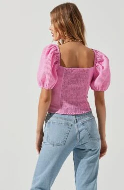 Daydreamer Sweetheart Seersucker Puff Sleeve Top 27 Daydreamer Sweetheart Seersucker Puff Sleeve Top -Dress Sales Store ACT16733B PINK 1115