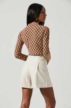 Izzy Checkered Long Sleeve Top -Dress Sales Store ACT17027B BROWNTAUPE 0873