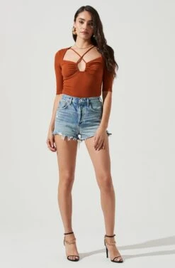 Mariona Cross Front Half Sleeve Bodysuit 23 Mariona Cross Front Half Sleeve Bodysuit -Dress Sales Store ACT17106 RUST 1