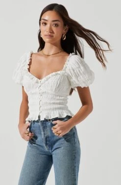 Anza Smocked Puff Sleeve Top 19 Anza Smocked Puff Sleeve Top -Dress Sales Store ACT17148 WHITE 1224