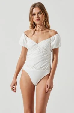 Rayne Ruched Off Shoulder Puff Sleeve Bodysuit -Dress Sales Store ACT17152 WHITE 1631