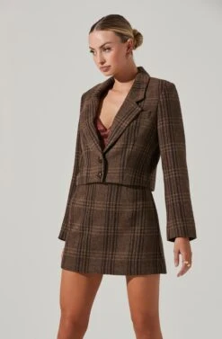 Brina Cropped Plaid Jacket -Dress Sales Store ACT17305 BROWNBLACKPLAID 14011