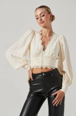 Zanna Floral Jacquard Lace Trim Long Sleeve Top 11 Zanna Floral Jacquard Lace Trim Long Sleeve Top -Dress Sales Store ACT17333S IVORY 16151