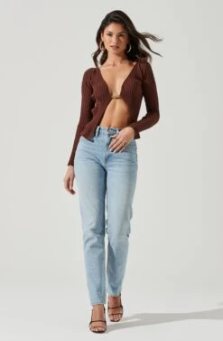 Angelique Ribbed Knit Chain Detail Cardigan -Dress Sales Store ACT17337 BROWN 0091