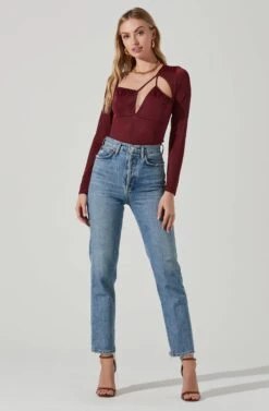 Lauren Satin Cutout Long Sleeve Bodysuit 21 Lauren Satin Cutout Long Sleeve Bodysuit -Dress Sales Store ACT17395 WINE 1