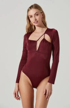 Lauren Satin Cutout Long Sleeve Bodysuit 22 Lauren Satin Cutout Long Sleeve Bodysuit -Dress Sales Store ACT17395 WINE 3