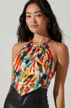 Evalina Abstract Print Halter Top 11 Evalina Abstract Print Halter Top -Dress Sales Store ACT17714 ORANGEGREENMULTI 3