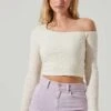Finley Crinkled Off Shoulder Long Sleeve Crop Top 2 Finley Crinkled Off Shoulder Long Sleeve Crop Top -Dress Sales Store ACT17757 CREAM 2