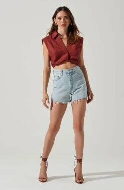 Kathlynn Front Twist Collared Top 22 Kathlynn Front Twist Collared Top -Dress Sales Store ACT17783 CHOCOLATE 1