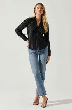 Laurel Satin Pleated Long Sleeve Top 22 Laurel Satin Pleated Long Sleeve Top -Dress Sales Store ACT17840P BLACK 1