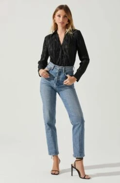 Laurel Satin Pleated Long Sleeve Top 23 Laurel Satin Pleated Long Sleeve Top -Dress Sales Store ACT17840P BLACK 2