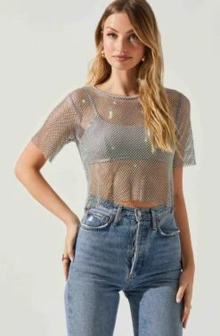 Mckay Rhinestone Mesh Short Sleeve Top