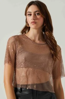 Mckay Rhinestone Mesh Short Sleeve Top 23 Mckay Rhinestone Mesh Short Sleeve Top -Dress Sales Store ACT18042 TAUPE 3
