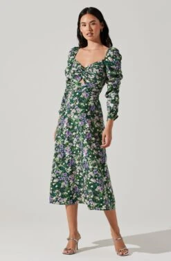 Floral Long Sleeve Twist Keyhole Front Midi Dress 10 Floral Long Sleeve Twist Keyhole Front Midi Dress -Dress Sales Store ADR100972 GREENPURPLEFLORAL 1