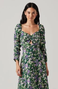 Floral Long Sleeve Twist Keyhole Front Midi Dress 11 Floral Long Sleeve Twist Keyhole Front Midi Dress -Dress Sales Store ADR100972 GREENPURPLEFLORAL 2