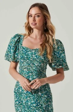 Floral Short Sleeve Asymmetrical Hem Midi Dress -Dress Sales Store ADR101039 GREENMULTI 3