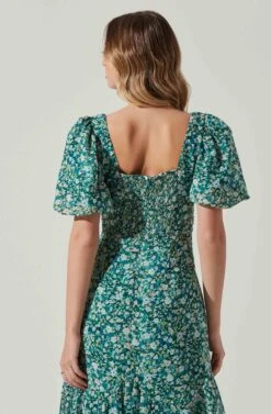 Floral Short Sleeve Asymmetrical Hem Midi Dress -Dress Sales Store ADR101039 GREENMULTI 5