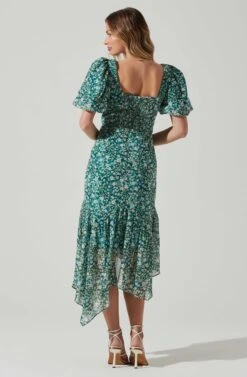 Floral Short Sleeve Asymmetrical Hem Midi Dress -Dress Sales Store ADR101039 GREENMULTI 6