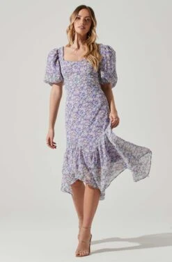 Floral Short Sleeve Asymmetrical Hem Midi Dress -Dress Sales Store ADR101039 PURPLEMULTIFLORAL 1