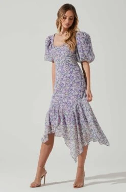Floral Short Sleeve Asymmetrical Hem Midi Dress -Dress Sales Store ADR101039 PURPLEMULTIFLORAL 2