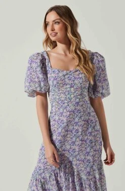 Floral Short Sleeve Asymmetrical Hem Midi Dress -Dress Sales Store ADR101039 PURPLEMULTIFLORAL 3
