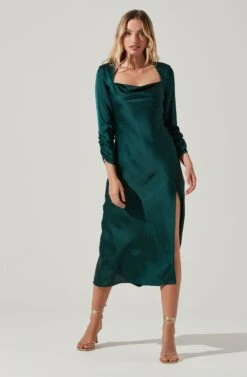 Gracie Long Sleeve Cutout Satin Midi Dress 24 Gracie Long Sleeve Cutout Satin Midi Dress -Dress Sales Store ADR101065 HUNTERGREEN 2