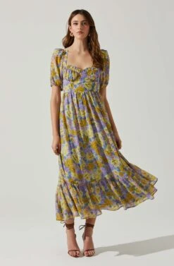 Floral Sweetheart Neck Midi Dress 16 Floral Sweetheart Neck Midi Dress -Dress Sales Store ADR101552 GOLDPURPLEFLORAL 1