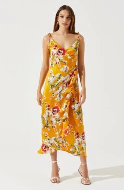 Satin Front Tie Wrap Floral Midi Dress 20 Satin Front Tie Wrap Floral Midi Dress -Dress Sales Store ADR101683 YELLOWFLORAL 1