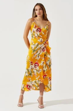 Satin Front Tie Wrap Floral Midi Dress 22 Satin Front Tie Wrap Floral Midi Dress -Dress Sales Store ADR101683 YELLOWFLORAL 2