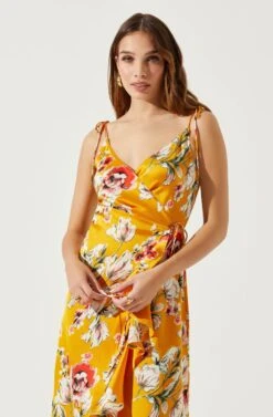 Satin Front Tie Wrap Floral Midi Dress 23 Satin Front Tie Wrap Floral Midi Dress -Dress Sales Store ADR101683 YELLOWFLORAL 4