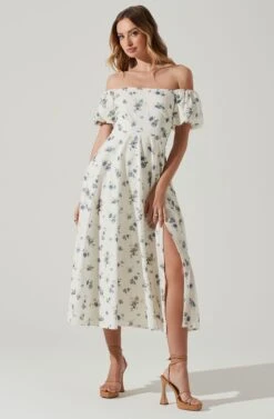 Off Shoulder Puff Sleeve Midi Dress 21 Off Shoulder Puff Sleeve Midi Dress -Dress Sales Store ADR101706 WHITEBLUEFLORAL 2