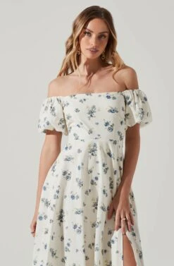 Off Shoulder Puff Sleeve Midi Dress 22 Off Shoulder Puff Sleeve Midi Dress -Dress Sales Store ADR101706 WHITEBLUEFLORAL 3
