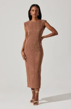Plisse Straight Neck Midi Dress 20 Plisse Straight Neck Midi Dress -Dress Sales Store ADR101830 BROWN 1