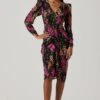 Floral Plunge Ruched Long Sleeve Midi Dress 2 Floral Plunge Ruched Long Sleeve Midi Dress -Dress Sales Store ADR101911 MAGENTAMULTIFRL 1