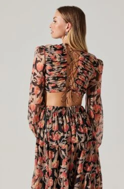 Floral Lace Back Long Sleeve Maxi Dress 12 Floral Lace Back Long Sleeve Maxi Dress -Dress Sales Store ADR102039 ORANGEBLACKFLORAL 2