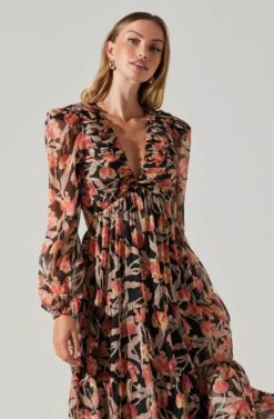 Floral Lace Back Long Sleeve Maxi Dress 11 Floral Lace Back Long Sleeve Maxi Dress -Dress Sales Store ADR102039 ORANGEBLACKFLORAL 5