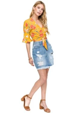 Flared Sleeve Tie Front Top 8 Flared Sleeve Tie Front Top -Dress Sales Store AT13647 MUSTARD MULTI FLORAL 2A