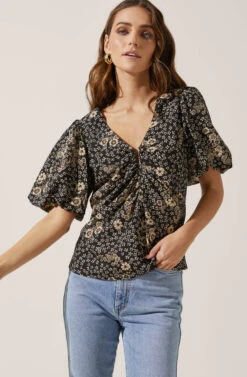 Deep V Balloon Sleeve Top 18 Deep V Balloon Sleeve Top -Dress Sales Store AT16293 BLACK TAUPEMULTIFLORAL 2