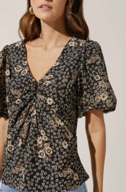 Deep V Balloon Sleeve Top 19 Deep V Balloon Sleeve Top -Dress Sales Store AT16293 BLACK TAUPEMULTIFLORAL 3